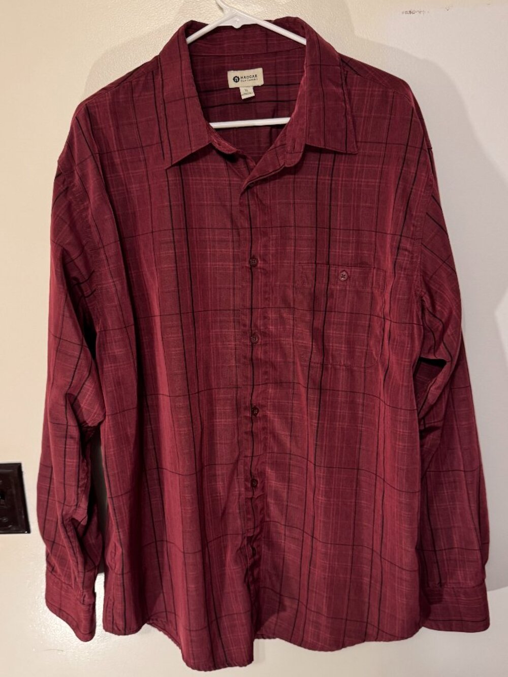 Haggar shirt XL button down long sleeve red and black plaid. Very nice shape